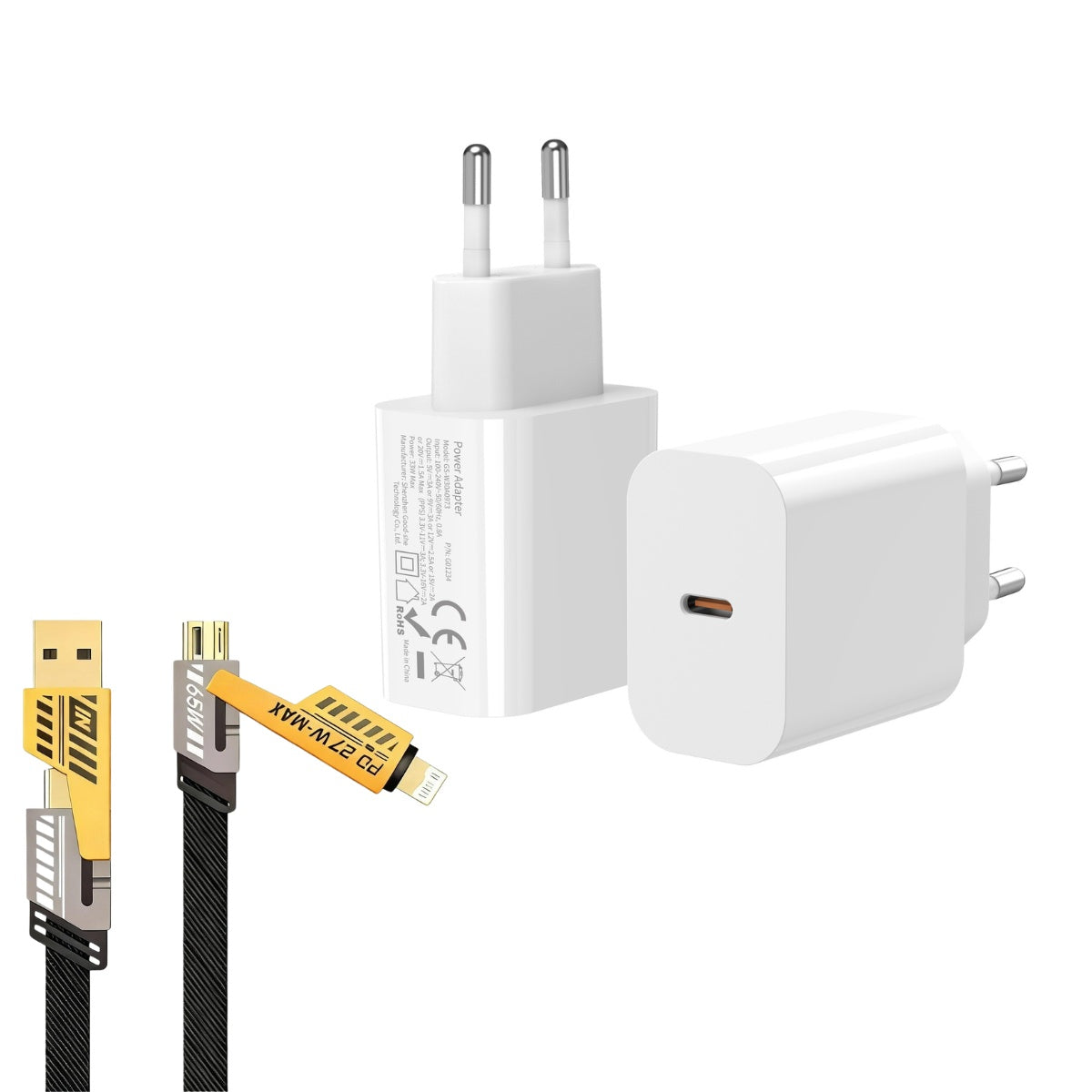 Single-port USB-C Charger, Includes A 4-in-1 Data Cable.